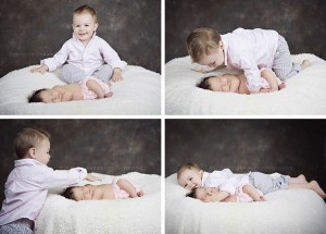 Big brother plays with new sister during Arizona premiere newborn photography session